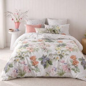 Kassatex Floral Cotton Duvet Cover in White with Pink, Green and Purple Accents